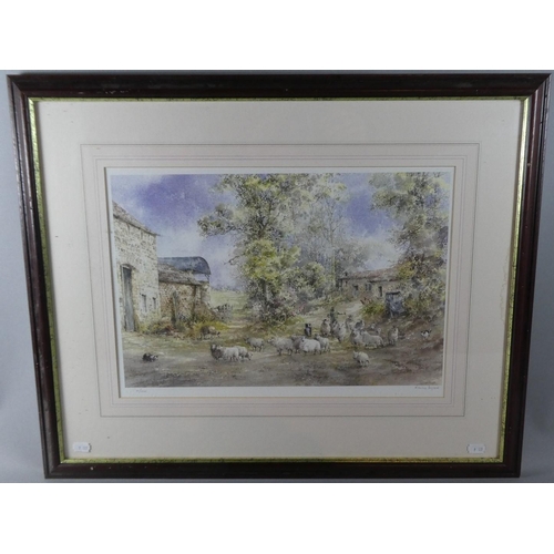 190 - A Framed Limited Edition Nancy Dyson Print of Shepherd with Sheep in Farmyard, 41/500, 48cm Wide