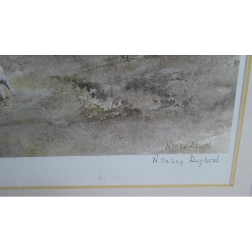 190 - A Framed Limited Edition Nancy Dyson Print of Shepherd with Sheep in Farmyard, 41/500, 48cm Wide