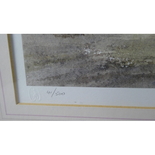 190 - A Framed Limited Edition Nancy Dyson Print of Shepherd with Sheep in Farmyard, 41/500, 48cm Wide