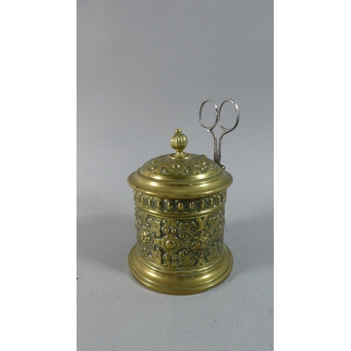 2 - A Late 19th Century Brass String Dispenser with Scissor Holder and Scissors, 11.5cm High