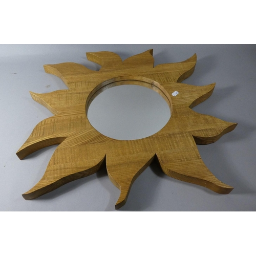 212 - A Handmade Modern Sunburst Oak Framed Wall Mirror, 63cm Wide Max