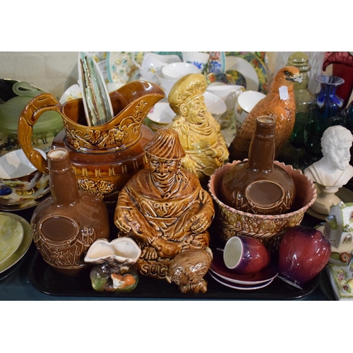 213 - A Tray of Treacle Glazed Ceramics to Include Large Wood's Moulded Hunting Jug, Novelty Sugar and Flo... 