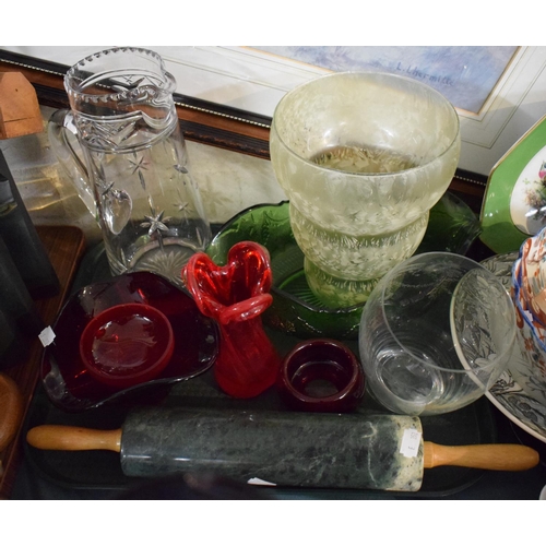 220 - A Tray of Glassware to Include Good Quality Cut Glass Jug, Cranberry Glass Vase etc Together with a ... 