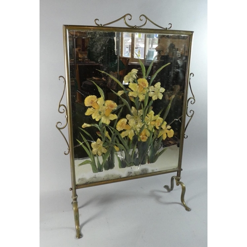 264 - A Late 19th/Early 20th Century Brass Framed Mirrored Screen Painted with Daffodils, 75cm High