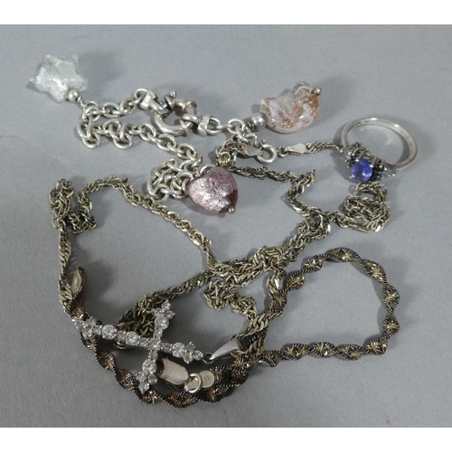 275 - Two Silver Bracelets and Necklace with Crucifix Pendant and Silver and Tanzanite Dress Ring