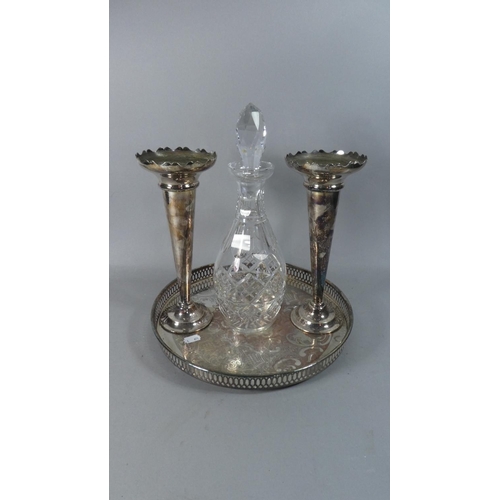 41 - A Cut Glass Mallet Decanter, Pair of Silver Plated Vases and a Circular Pierced Gallery Tray