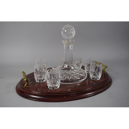 46 - A Modern Ships Decanter and Six Glasses Set on Oval Mahogany Tray with Brass Handles, 37cm Long