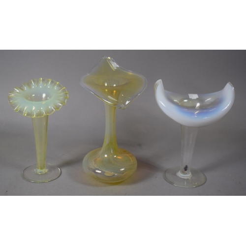 58 - Three Vaseline Glass Jack in the Pulpit Vases, Tallest 18.5cm