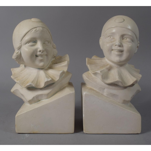 75 - A Pair of Plaster Bookends in the Form of Boy and Girl Clowns, 16.5cm High