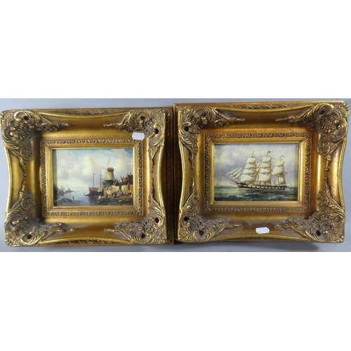 81 - A Pair of Reproduction Gilt Framed Textured Prints Depicting Three Masted Sailing Ship and Harbour S... 