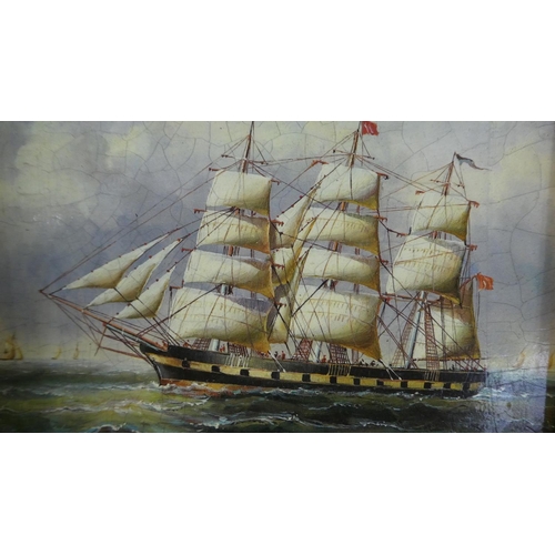 81 - A Pair of Reproduction Gilt Framed Textured Prints Depicting Three Masted Sailing Ship and Harbour S... 