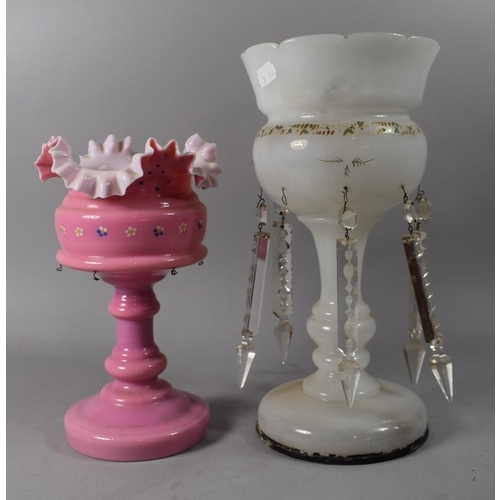 79 - Two Victorian Glass Lustres, Pink Example Missing Droppers