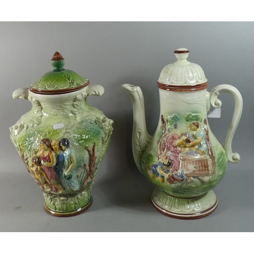 262 - A Large Italian Glazed Coffee Pot and Matching Vase Both Decorated in Relief with Classical Figures ... 