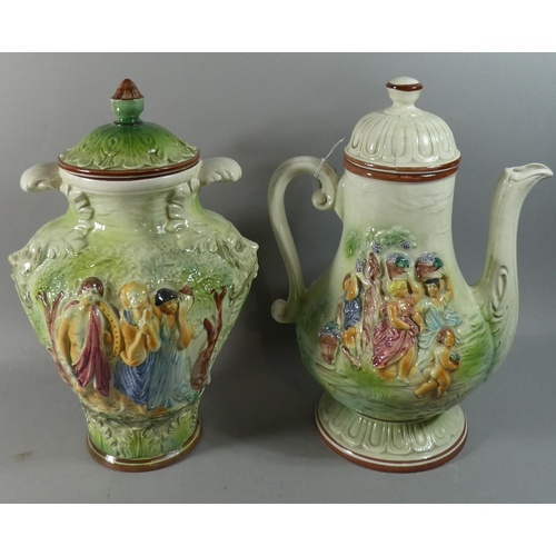 262 - A Large Italian Glazed Coffee Pot and Matching Vase Both Decorated in Relief with Classical Figures ... 