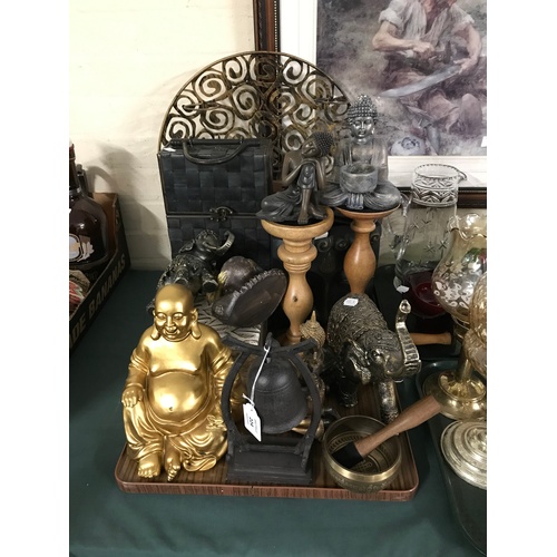 224 - A Tray of Modern Decorative Ornaments to include Gilt Resin Buddha, Reproduction Gong, Resin Thai Bu... 