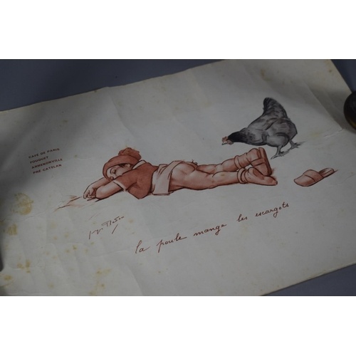 56 - Three Cafe Du Paris Prints After Georges Redon Naughty Children Series with Handwritten Luncheon Men... 