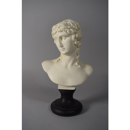 42 - A Parian Style Resin Bust of Eros on Turned Ebonised Socle, 26cms High