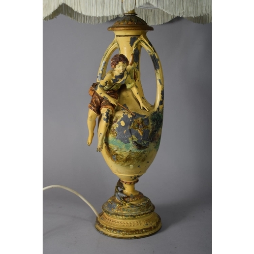 3 - A Vintage Cold Painted Spelter Table Lamp, Boy Fishing. Complete with Shade. Lamp 54cms High