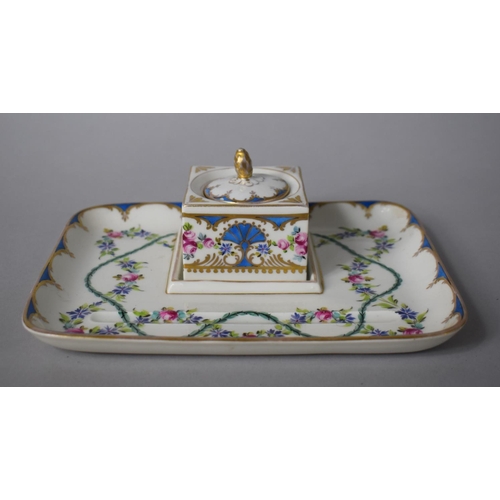 244 - A Dresden Porcelain Floral Decorated Inkstand with Central Inkwell and Pen Groove, 20cms x16cms