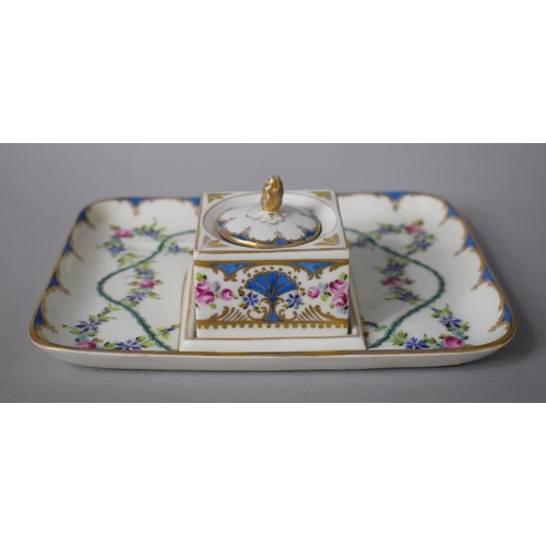 244 - A Dresden Porcelain Floral Decorated Inkstand with Central Inkwell and Pen Groove, 20cms x16cms