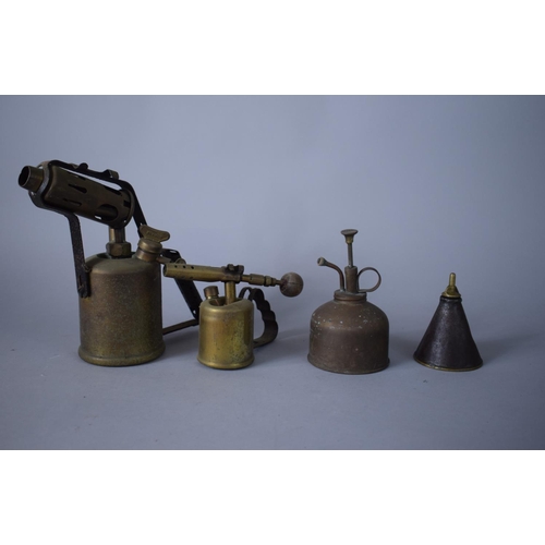 117 - Two Vintage Blow Torches together with Oil Cans. One Blow Torch, Named and Dated Under, T.E. Bladon ... 