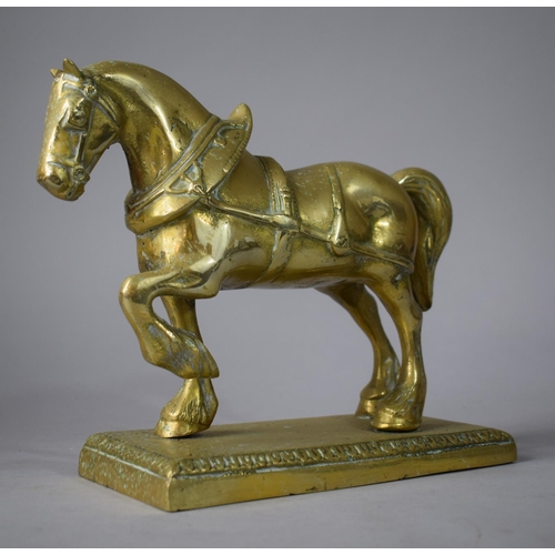 89 - A Heavy Cast Brass Study of a Heavy Horse, Mounted on Rectangular Plinth, 19.5cms High