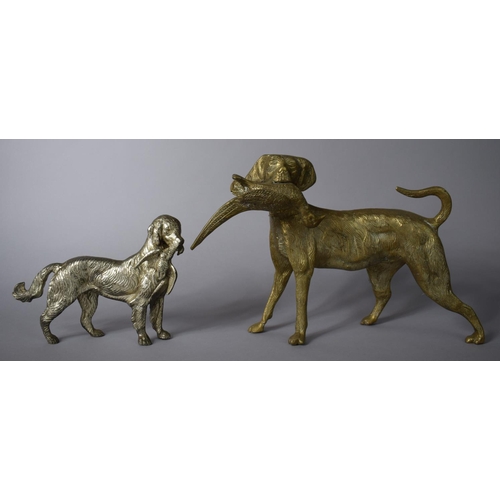 87 - Two Brass Studies of Gundogs with Game, 15cms and 23cms High