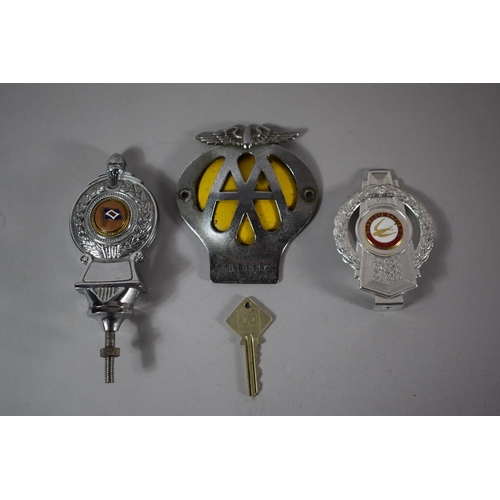 25 - Two Chrome and Enamel Car Badges Together with AA Badge and Key