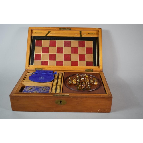 13 - A Good Quality Edwardian Games Compendium Set with Amber Solitaire Marbles and De La Rue Bezique Mar... 