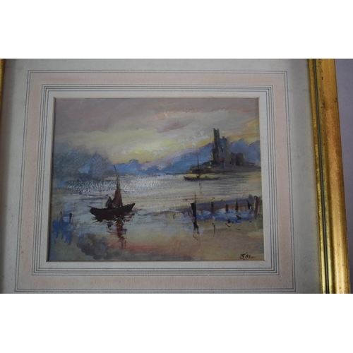 327 - A Pair of Gilt Framed Gouaches Depicting Evening Coastal Scenes with Boats, 23 x 18cms. Monogrammed ... 