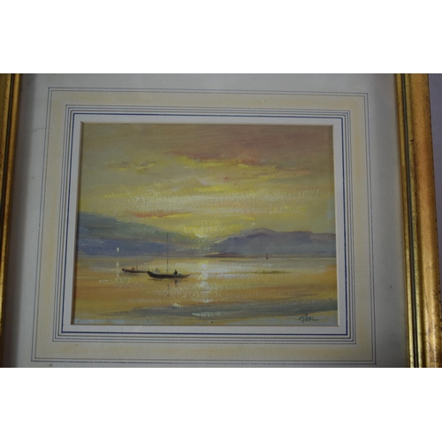 327 - A Pair of Gilt Framed Gouaches Depicting Evening Coastal Scenes with Boats, 23 x 18cms. Monogrammed ... 