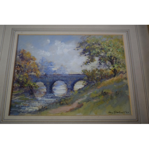 326 - A Gilt Framed Gouache of Figure on Bridge Signed Tony Blackwell '89, 22 x 16.5cms