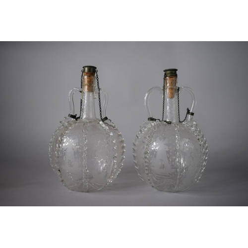 297 - Two Late 19th/Early 20th Century Italian Glass Pilgrim Bottles Complete with Cork Tops and having Et... 