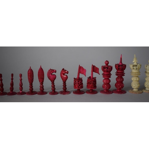 23 - A Late 19th Century 'Burma' Style Bone Turned and Carved Chess Set, 8cms High