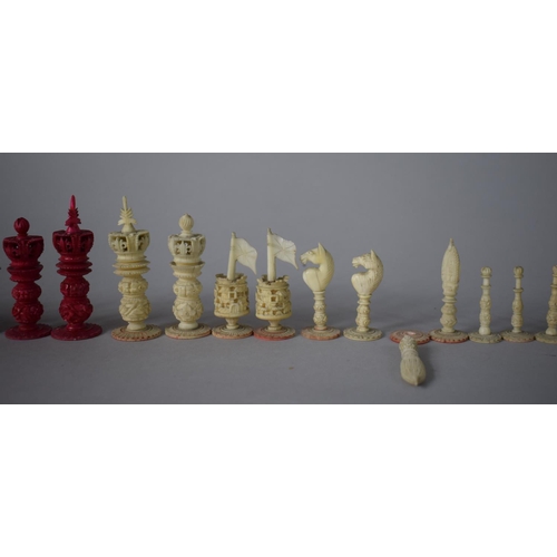 23 - A Late 19th Century 'Burma' Style Bone Turned and Carved Chess Set, 8cms High