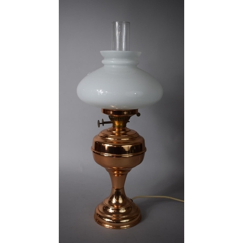 124 - A Reproduction Copper Electric Oil Lamp, Complete with Chimney & Shade, 55cms High