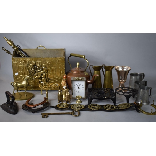 123 - A Large Collection of Metalwares to Include Brass Magazine Rack, Fire Irons, Copper Kettle, Brass Ju... 