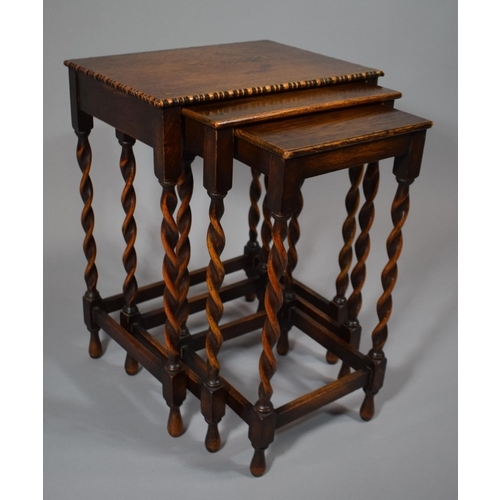 17 - A Small Nest of Three Oak Tables with Barley Twist Supports, 41cms Wide