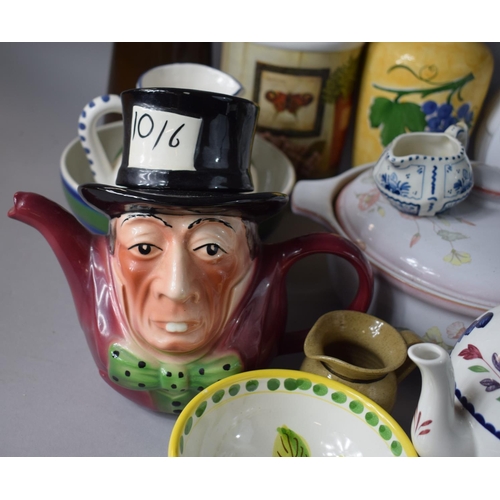 296 - A Collection of Ceramics to Include Novelty Mad Hatter Teapot, Stoneware, Delft Jugs Etc.