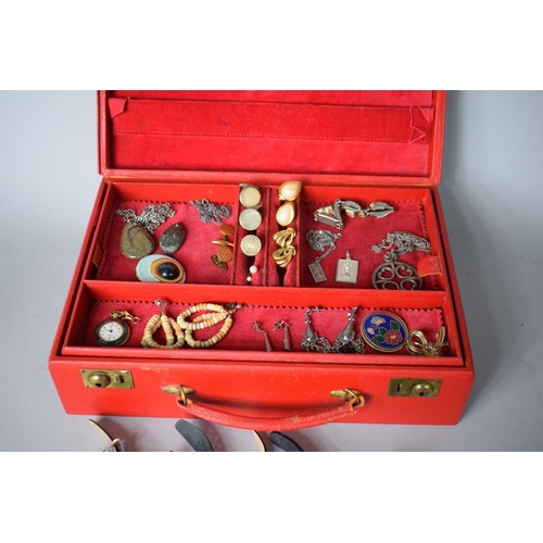 237 - A Fitted Red Leather Jewellery Case Containing Costume Jewellery, Ladies Wrist Watches Etc.