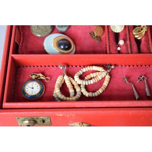 237 - A Fitted Red Leather Jewellery Case Containing Costume Jewellery, Ladies Wrist Watches Etc.