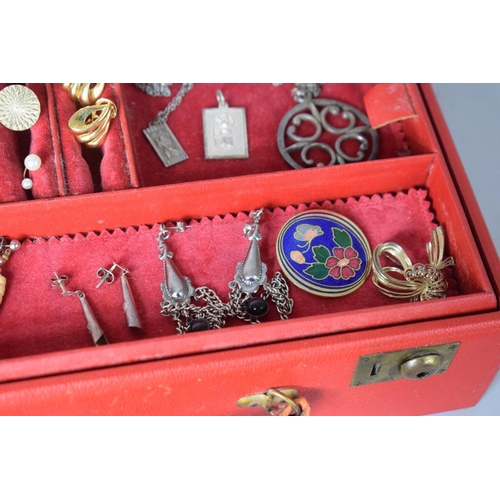 237 - A Fitted Red Leather Jewellery Case Containing Costume Jewellery, Ladies Wrist Watches Etc.