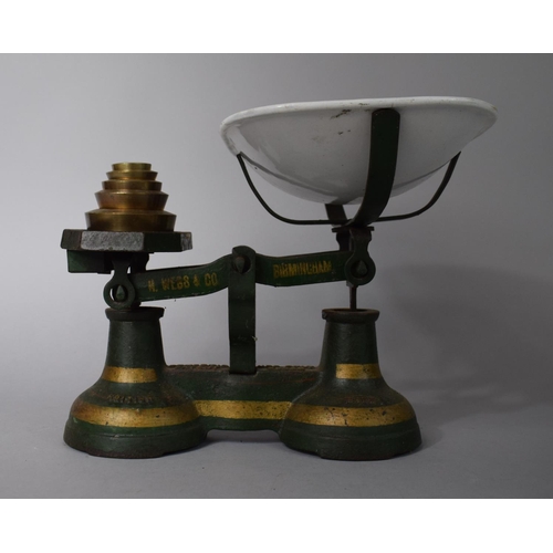 111 - A Pair of Green Painted Scales by H. Webb & Co., B'ham Together with Enamelled Pan and Weights