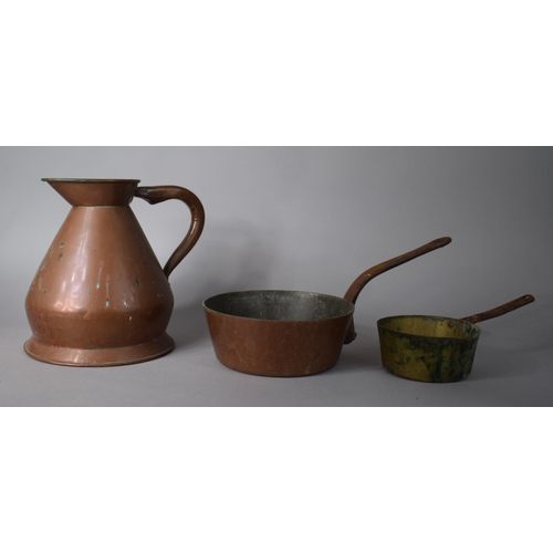 97 - A Heavy 19th Century Copper Saucepan with Iron Handle Together with Small Brass Example and a Large ... 