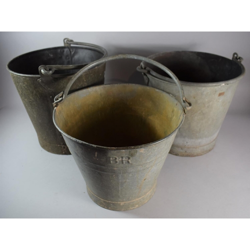 114 - A Collection of Three Galvanised Fire Buckets with Iron Loop Carrying Handles, One Marked for Britis... 