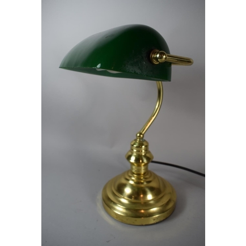 93 - A Brass and Green Glass Mounted Clerks Desk Lamp, 37cms High