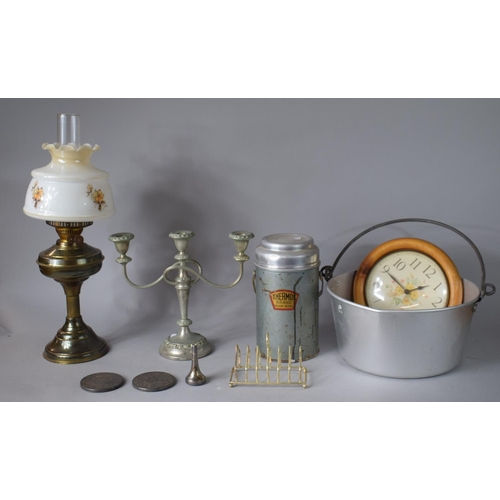 120 - A Collection of Metal Wares to Include Candelabra, Oil Lamp, Toastrack, Jam Pan, Together with Wall ... 