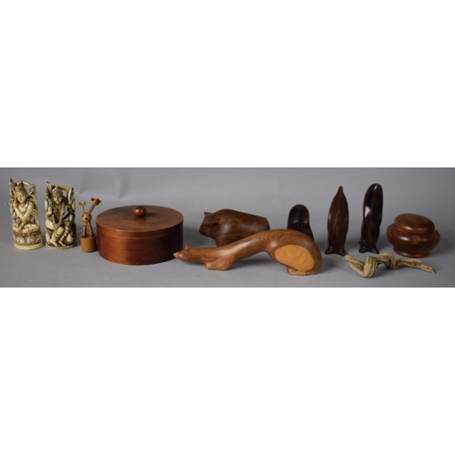 66 - A Collection of Treen to Include Lidded Pots, Ornaments, Resin Indian Figures