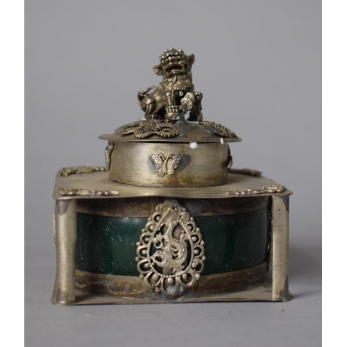 225 - An Oriental White Metal and Green Polished Stone Lidded Tea Caddy/Box Featuring Dragon, Butterfly an... 