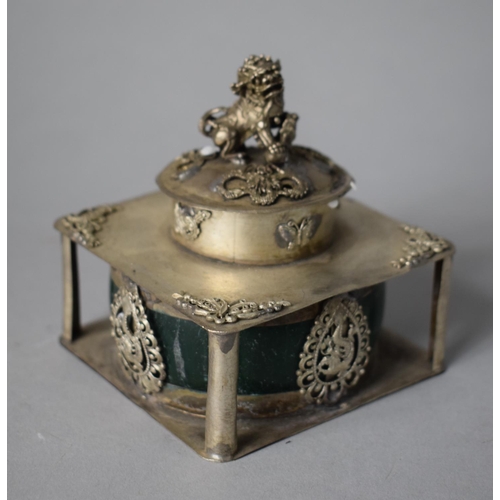 225 - An Oriental White Metal and Green Polished Stone Lidded Tea Caddy/Box Featuring Dragon, Butterfly an... 